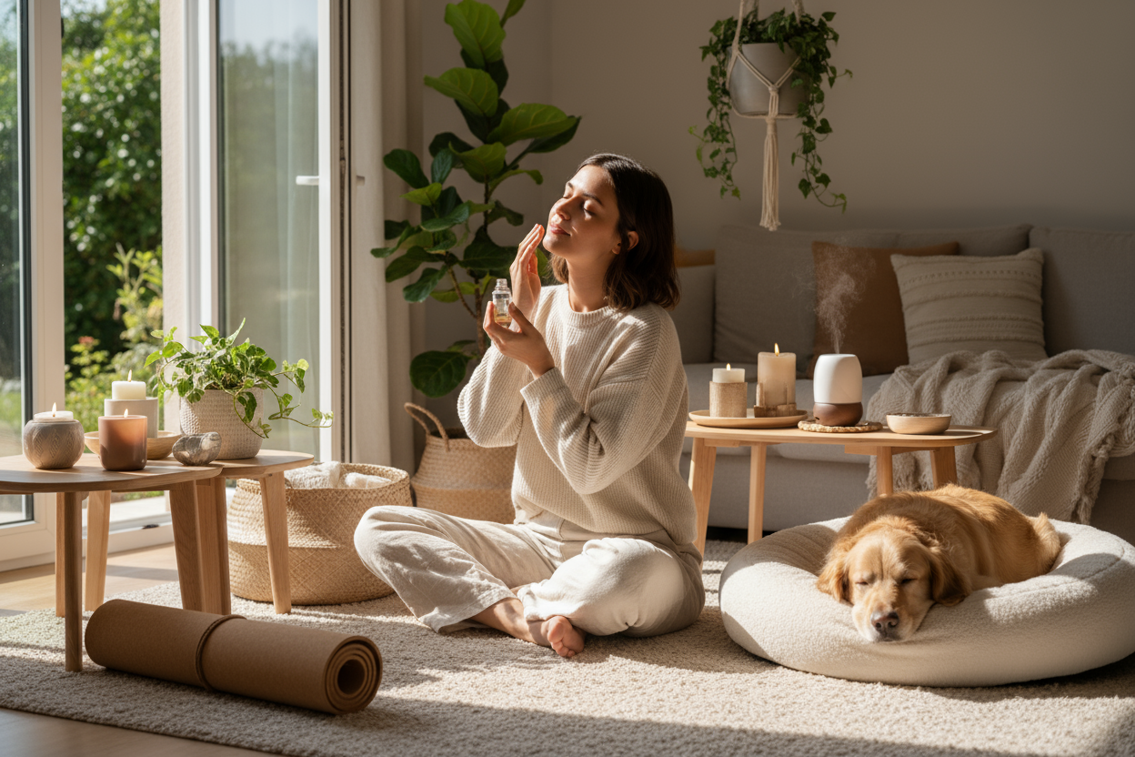 woman sitting in a living area surrounded with home essentials, wellness tools and applying skincare, a dog sleeping on a bed