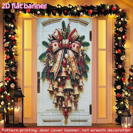 Large Polyester 2D Flat Banner Featuring Golden Christmas Bells & Wreath - 35.4" x 70.8" Holiday Door Cover for Indoor Use, No Power Required